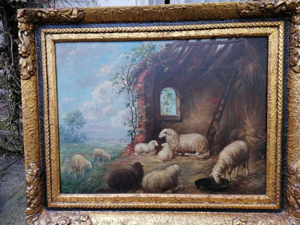 Schilderij schapen in stal (75x60cm), Enlèvement