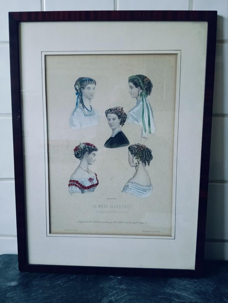 Kader met afbeeldingen van dameskapsels uit vorige eeuw, Ophalen of Verzenden