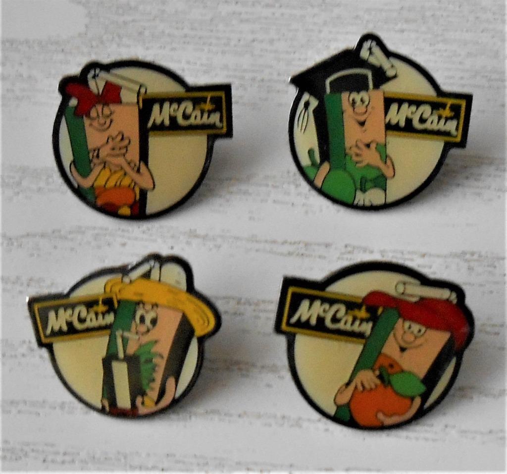 4 McCain pin's, Verzamelen, Ophalen of Verzenden, Gebruikt, Merk, Speldje of Pin