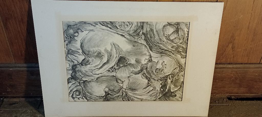 Dessin abstrait signé Serge Montegnies, 1963, 42x30,n545, Antiquités & Art, Enlèvement ou Envoi, Dessin, Aquarelle, Signé