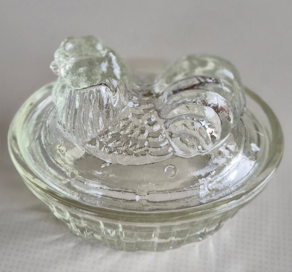 Rooster op nest...botervlootje/depressieglas, Antiek en Kunst, Antiek | Glaswerk en Kristal, Ophalen