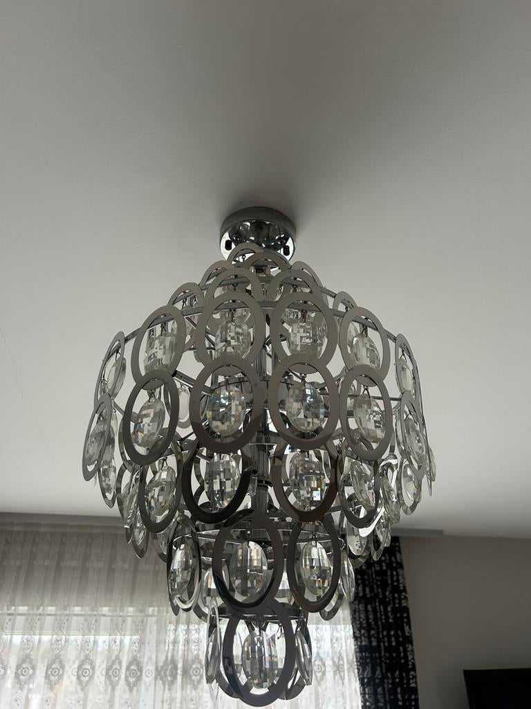 Lustre design moderne chrome & cristaux – état impeccable, Maison & Meubles, Enlèvement, Comme neuf