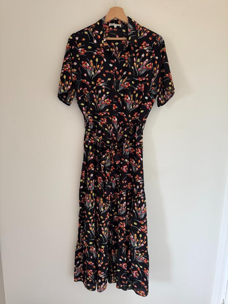 Zwarte met rode en gele tulpen lange jurk Millenium Maat M, Maat 38/40 (M), Zwart, Zo goed als nieuw, Onder de knie