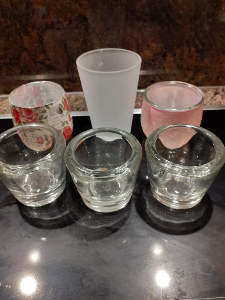 5 pots en verre pour bougies, Maison & Meubles, Moins de 25 cm, Enlèvement ou Envoi, Comme neuf, Bougie