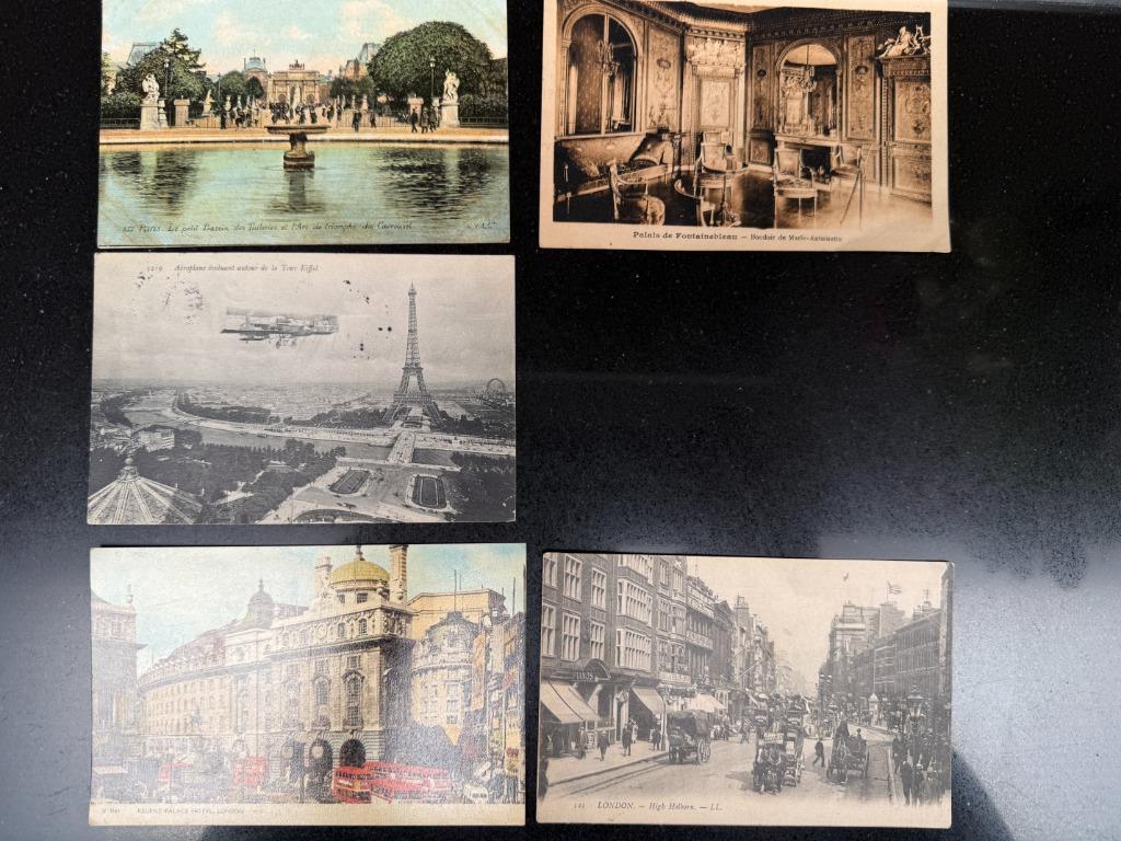 5 cartes postales Londres - Paris - Palais Fontainebleau, Collections, Cartes postales | Étranger, 1920 à 1940, Enlèvement ou Envoi