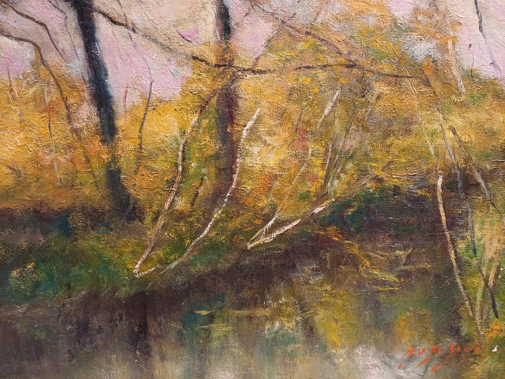 Schilderij M.VAN DEN BEMPT  "Het Schijn" 30x40, Antiek en Kunst, Doek, Impressionistisch, Ophalen of Verzenden, Landschap