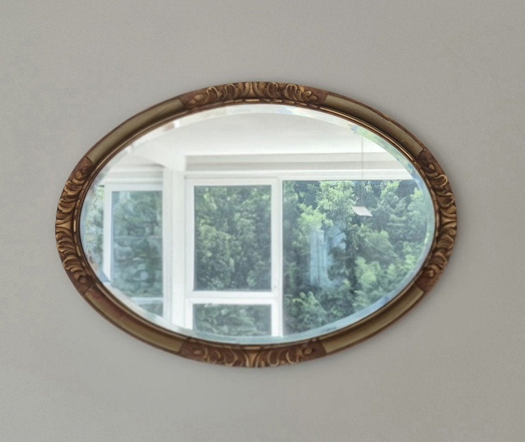Vintage ovale spiegel in verguld hout — Louis XVI/barok, Antiek en Kunst, Ophalen, Ovaal, 50 tot 100 cm, Minder dan 100 cm