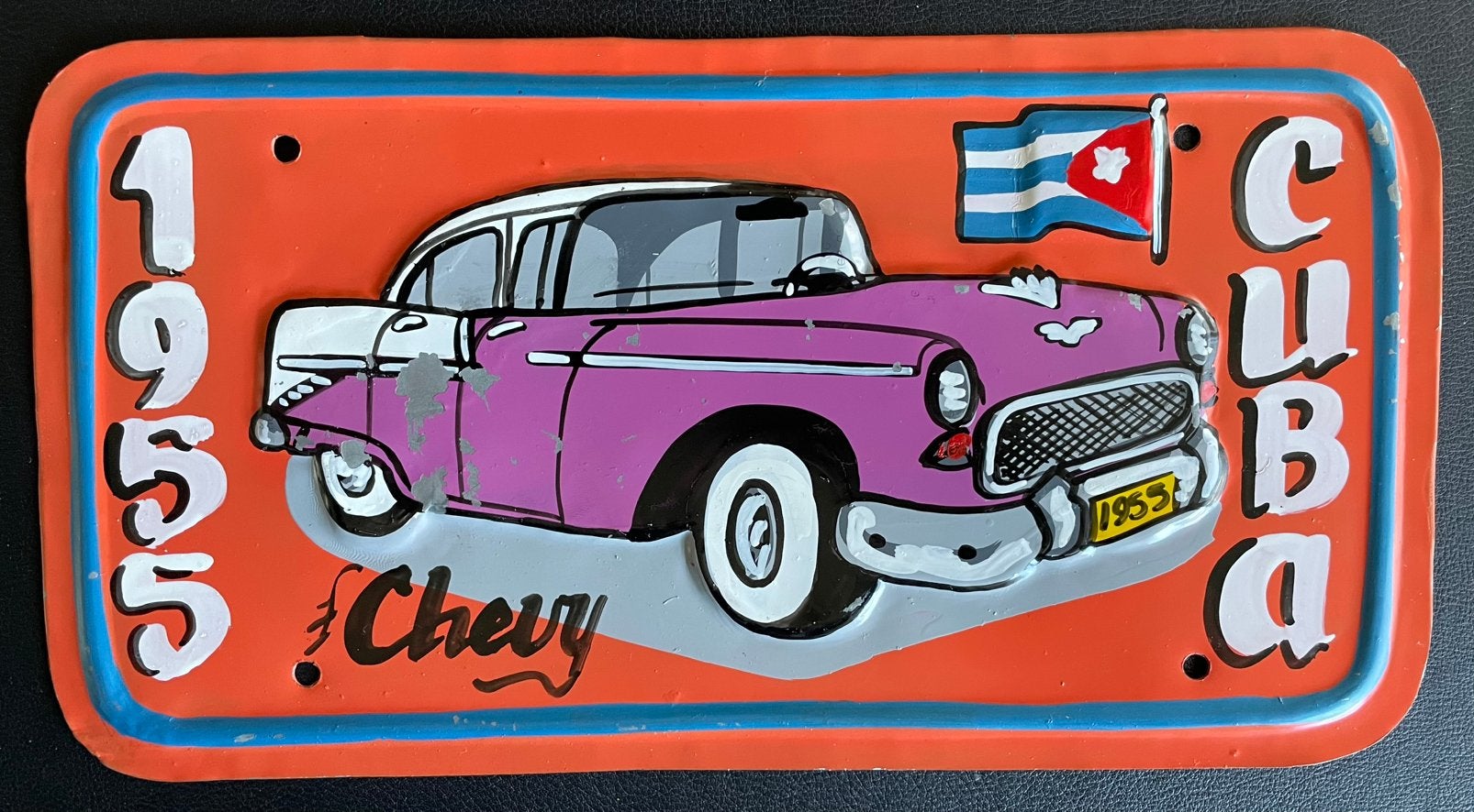 Chevy chevrolet 1955 op blik geperst in reliëf plaat, Verzamelen, Ophalen