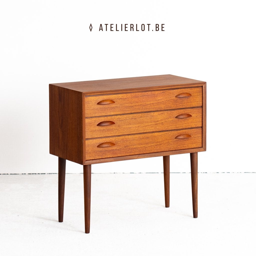 Vintage ladekast klein met 3 lades, Ophalen, Gebruikt, Teakhout, 50 tot 100 cm