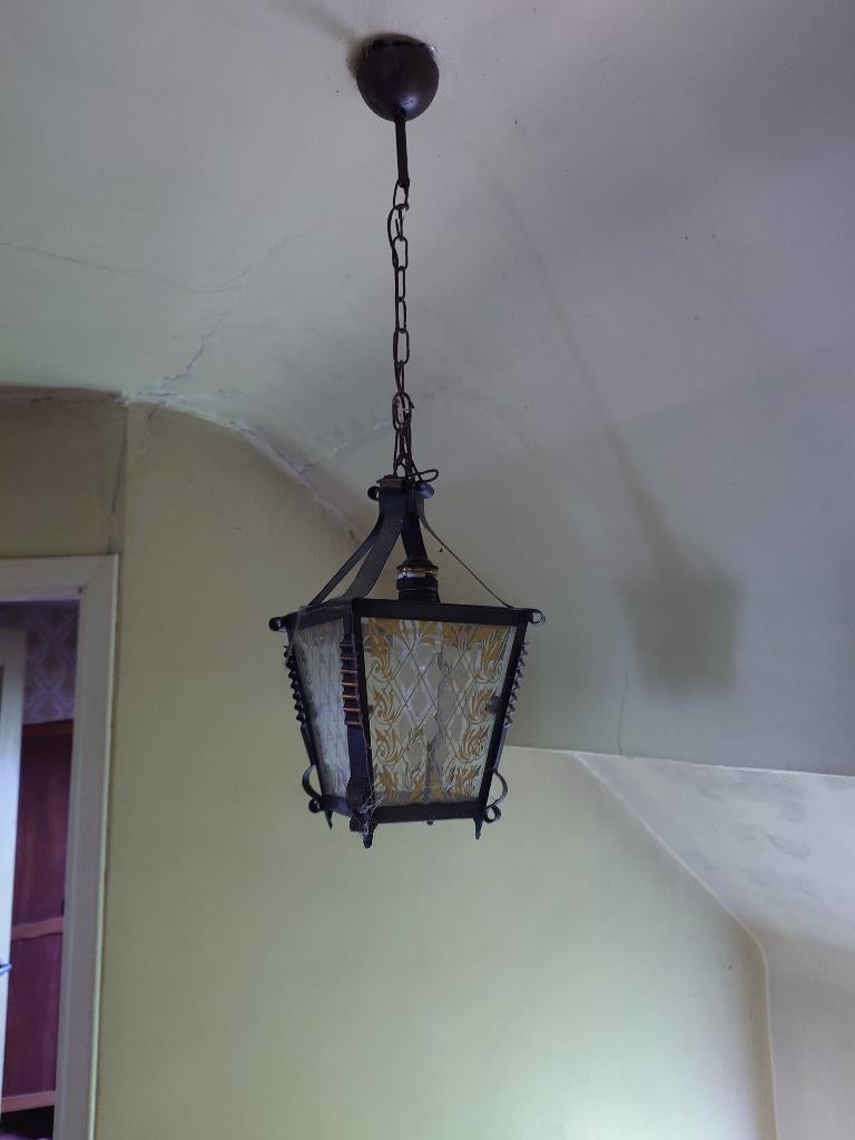 Vintage hallamp / lantaarn hanglamp met sierglas, Enlèvement