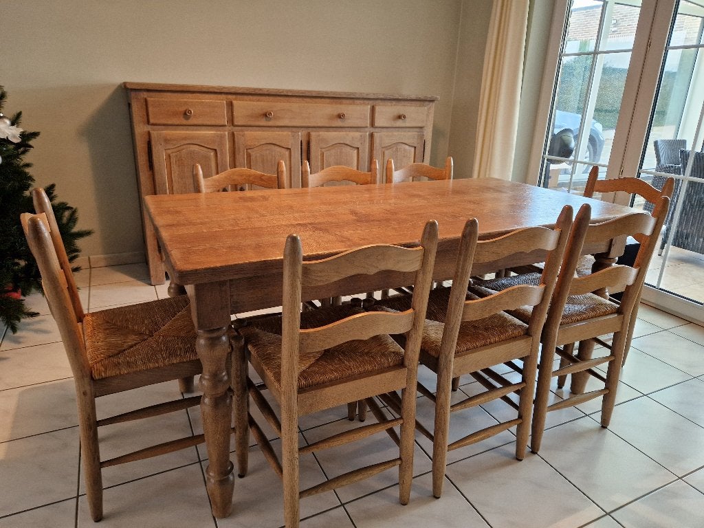 Eiken tafel met 8 stoelen, Huis en Inrichting, Ophalen, Gebruikt, Eikenhout, 50 tot 100 cm