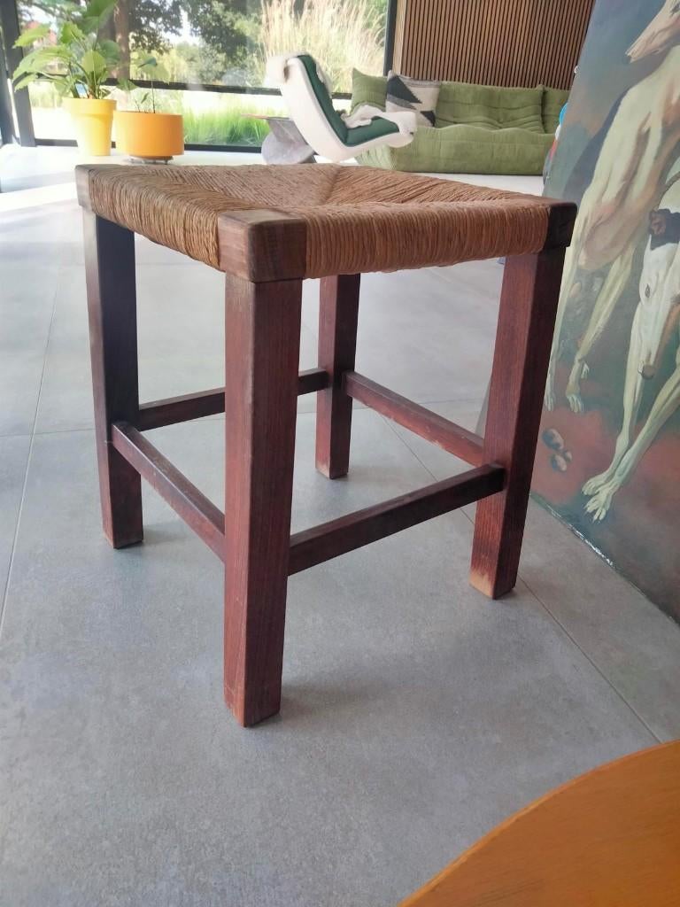 Vintage Brutalist houten kruk tabouret koord zitting, Ophalen of Verzenden, Gebruikt, Vintage
