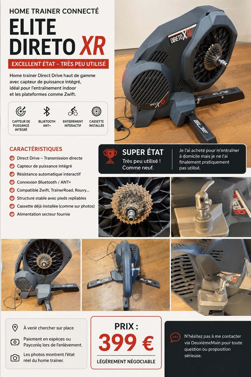 Home Trainer connecté ELITE DIRETO XR – Excellent état, Ophalen, Zo goed als nieuw, Benen, Overige typen