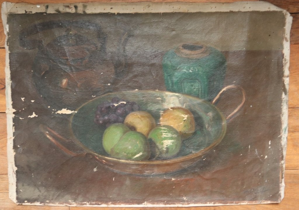 Stilleven gemberpot, koperen schaal en fruit - olieverf, Ophalen, Nederlandse school, Gesigneerd, Doek