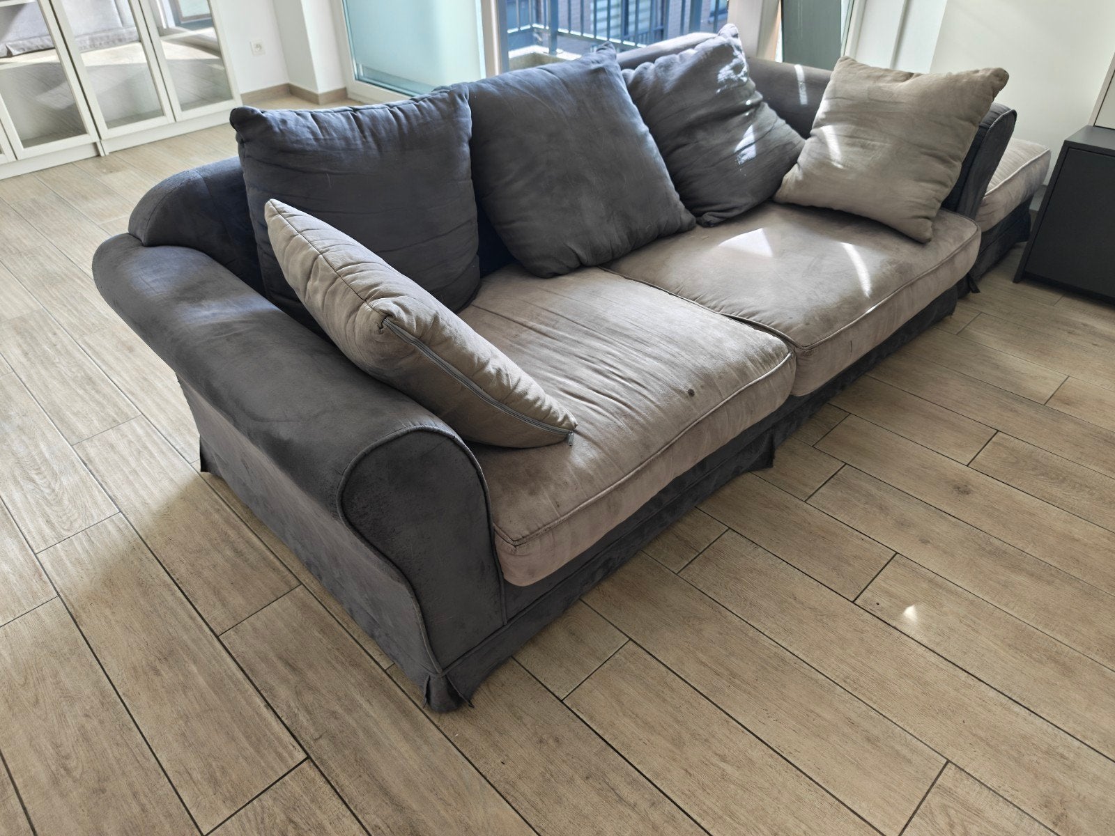 Slaapbank: 3 stoelen grijs + grijze en beige kussens, Ophalen, Gebruikt, Stof