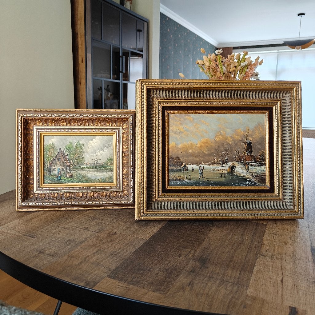 2 schilderijen van een Nederlands landschap, Antiek en Kunst, Ophalen, Bijzondere lijst, Landschap