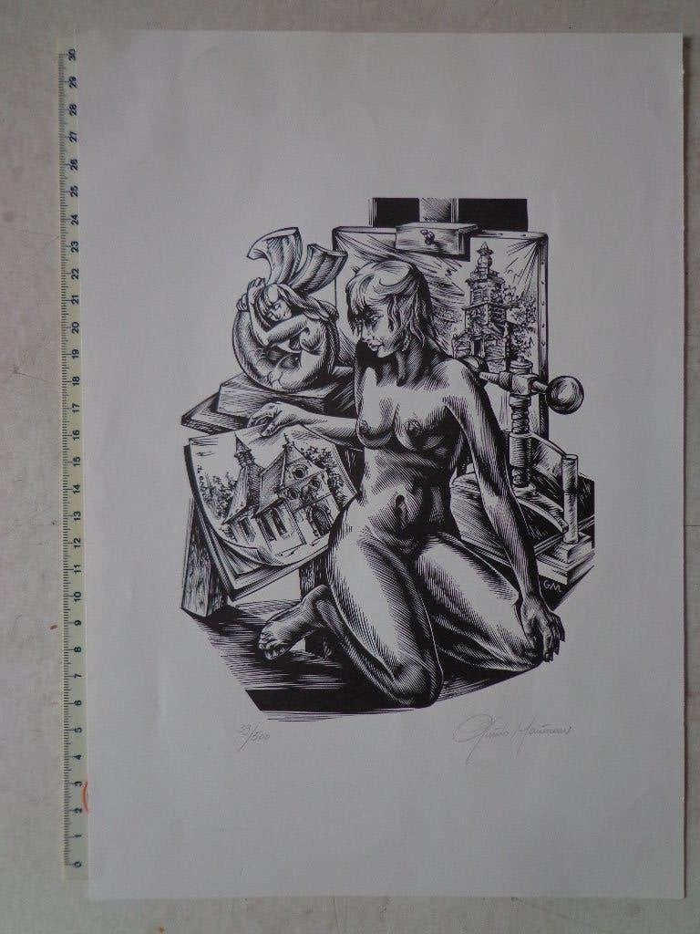 Verfijnde linosnede Guido Mariman "Naakte vrouw in atelier", Antiek en Kunst, Kunst | Etsen en Gravures, Portret, Ophalen of Verzenden