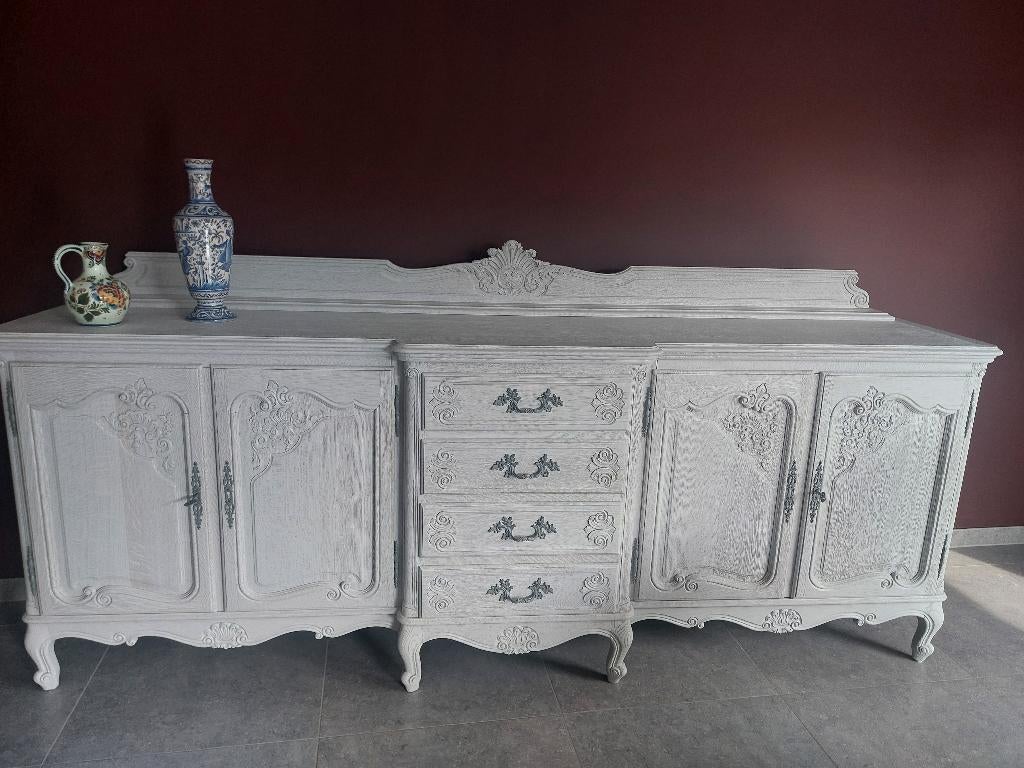 Gezandstraald eikenhouten dressoir in parelwit, Ophalen, Eikenhout, Zo goed als nieuw, 3 of 4 laden