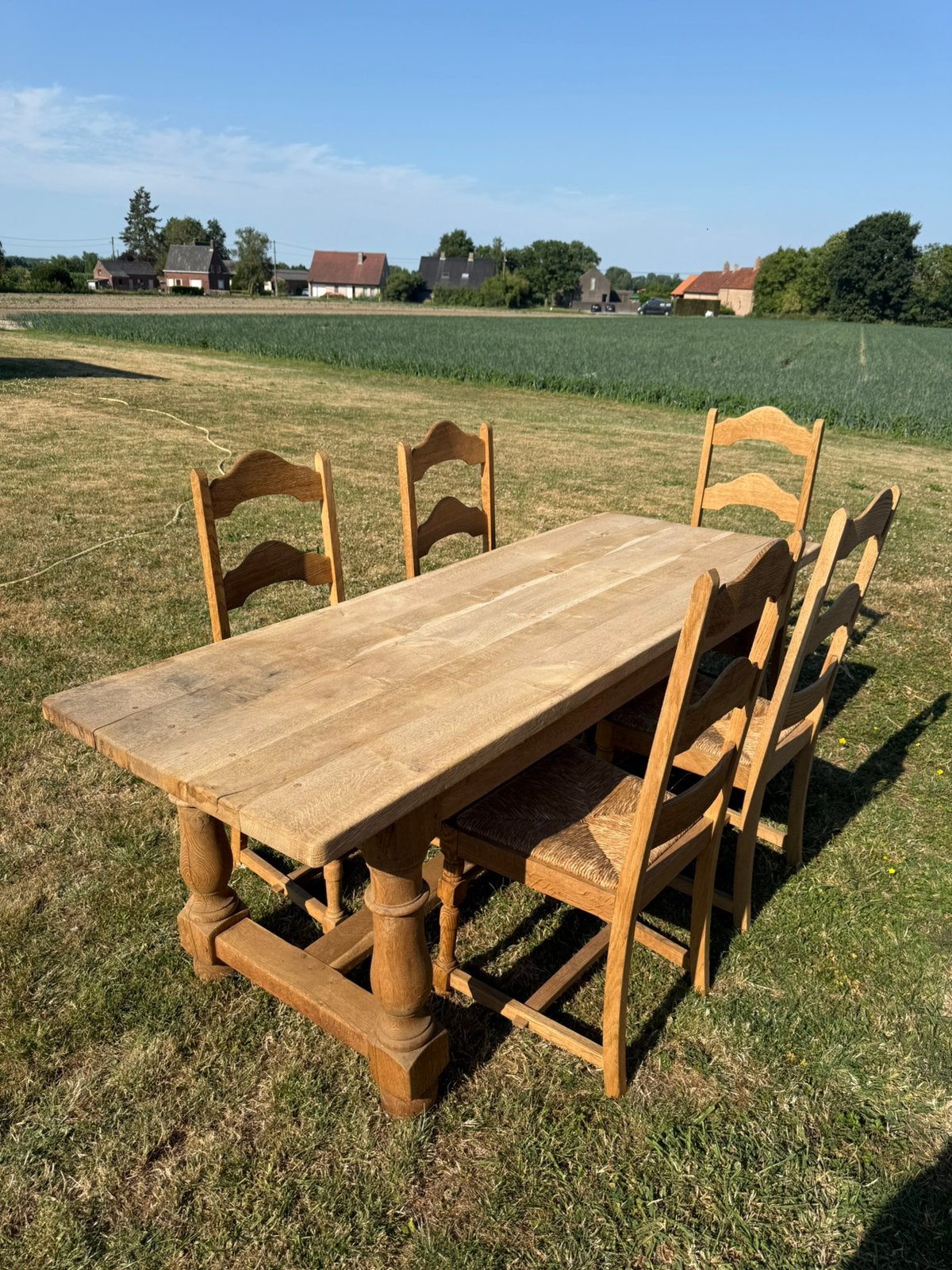 Massieve Franse eiken abdijtafel + 5 stoelen, Huis en Inrichting, Tafels | Eettafels, Zo goed als nieuw, Vijf personen of meer