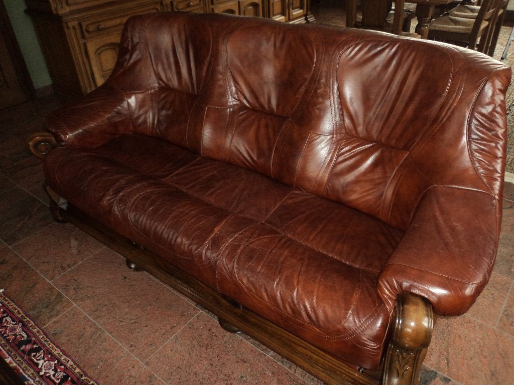 Lederen salon - 3 Persoons - Cognac Kleur, Maison & Meubles, Enlèvement, Utilisé, Trois personnes, Bois