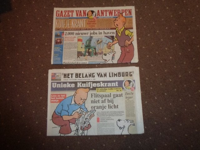 KUIFJE  2 kranten HLN en BVL , 9 jan 2004 , 75e verjaardag, Ophalen of Verzenden, Kuifje, Nieuw