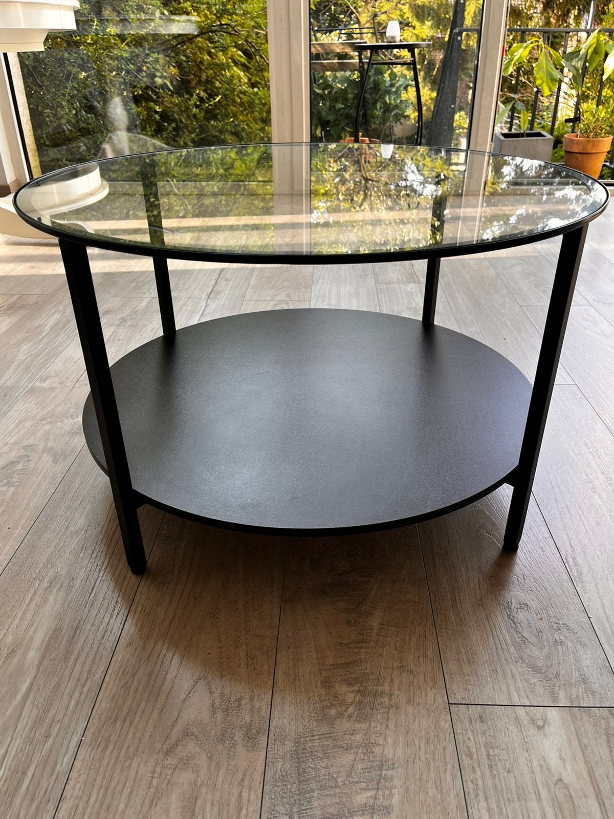 Table basse ronde design noir et verre – Diamètre 75 cm, Maison & Meubles, Enlèvement, Utilisé, Verre