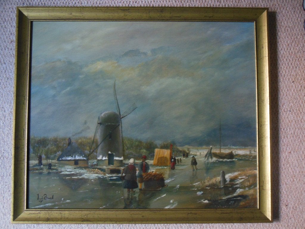 Schilderij - J. vd Broek - Winters landschap / IJslandschap, Ophalen, Paneel, Oud hollands, Gesigneerd