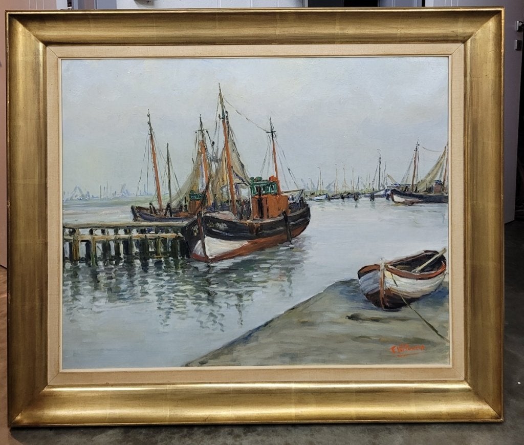 Fernand WILMAERS, havengezicht op doek, Antiquités & Art, Art | Peinture | Classique, Enlèvement, Toile, Maritime / eau, Signé
