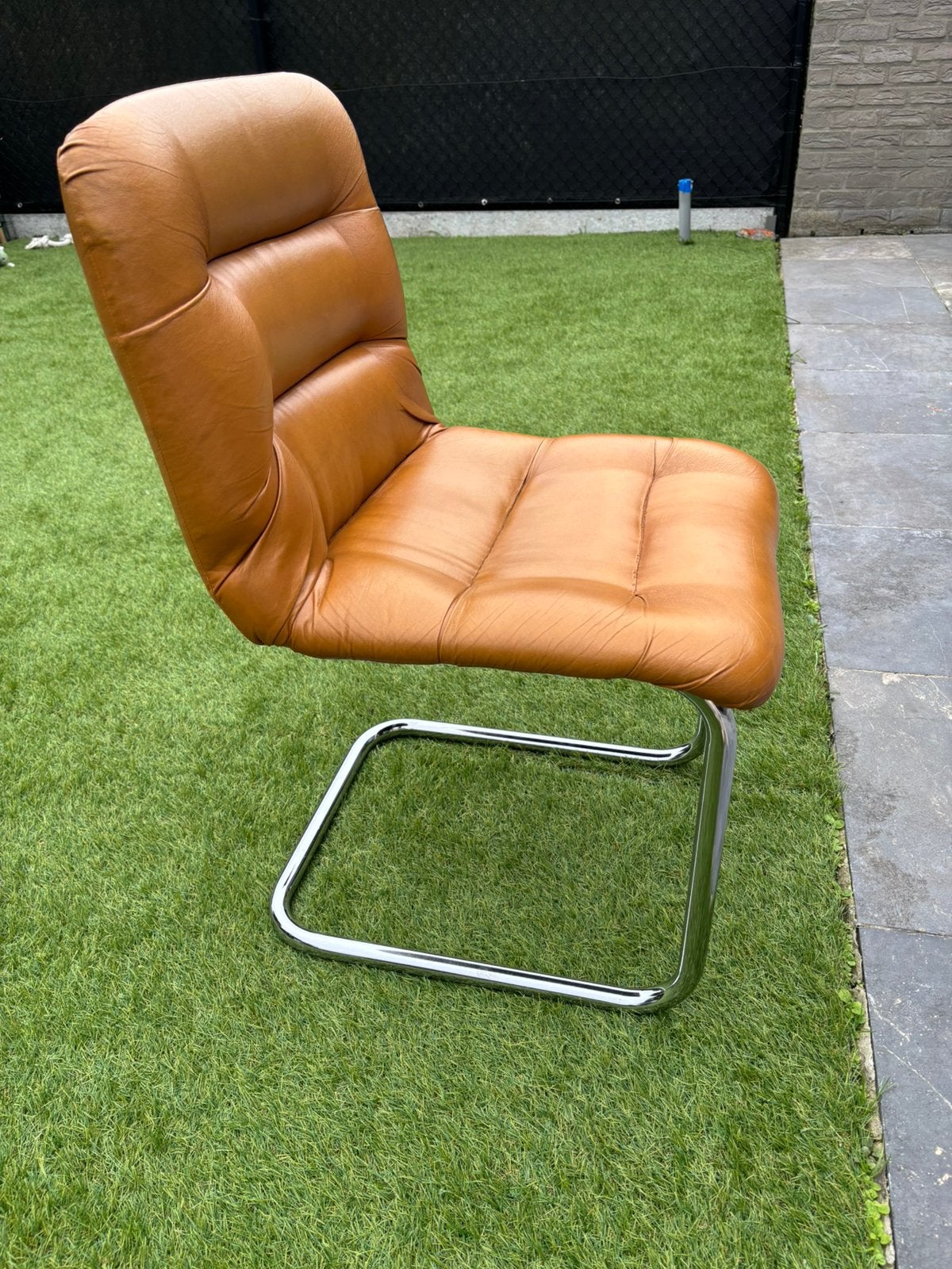 Vintage Design Sledestoel in Cognac Leder, Ophalen, Zo goed als nieuw, Bruin, Leer