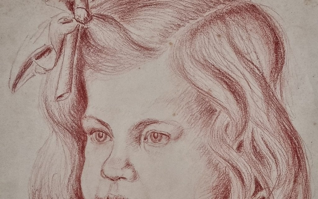 Rood krijt portret meisje met strik - Weiner, maart 1945, Antiquités & Art, Enlèvement, Dessin, Dessin à la craie, Signé