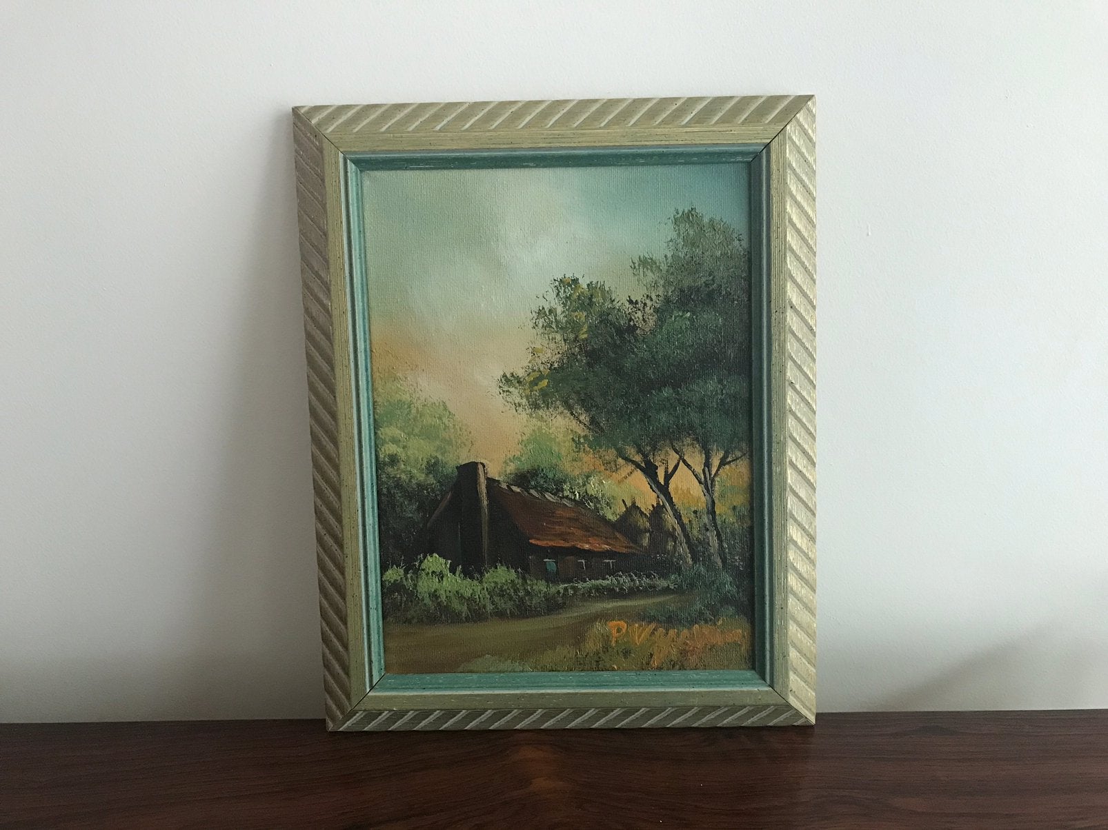 Schilderij landschap in houten lijst kader, Antiek en Kunst, Ophalen of Verzenden