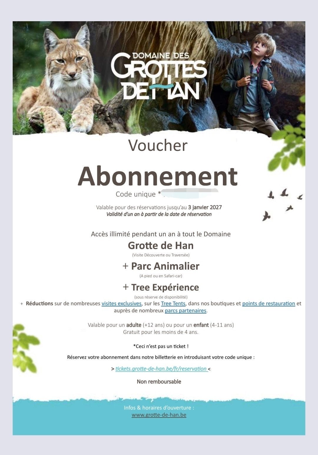 Grotten van Han: 2 vouchers, Tickets en Kaartjes