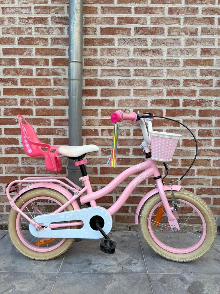 Amigo roze kinderfiets 14 inch, Ophalen, Gebruikt, Terugtraprem, 14 inch of minder