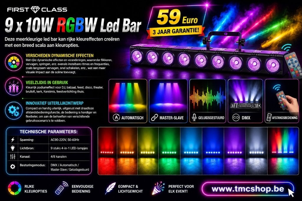 Nouvelle barre LED RGBW 9 x 10W de première classe, Contacts & Messages