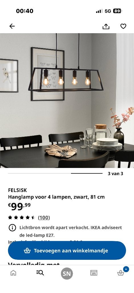 FELSISK hanglamp met vier lampen zwart 81cm, Ophalen, Zo goed als nieuw, E27 (groot)