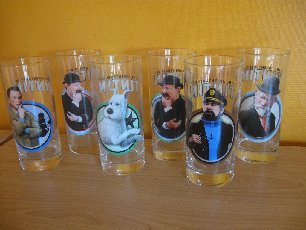 Serie van 6 Tintin glazen 2011, nooit gebruikt., Verzamelen, Ophalen, Zo goed als nieuw