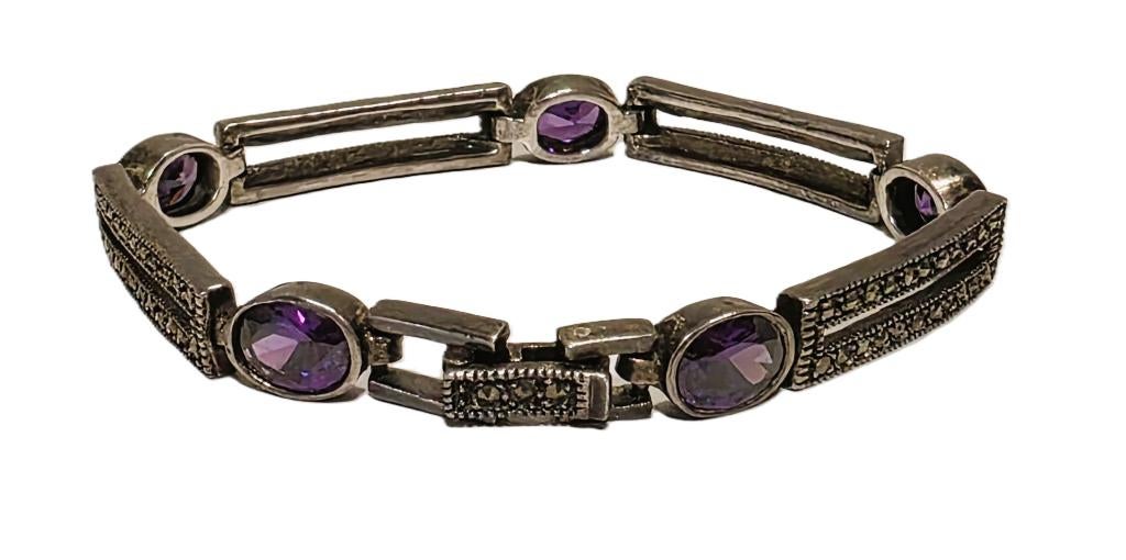Massief zilveren armband met geslepen Amathist., Ophalen of Verzenden, Zilver