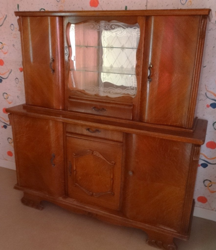 Gratis Vintage vitrinekast, Huis en Inrichting, Ophalen, Gebruikt, Eikenhout, 150 tot 200 cm