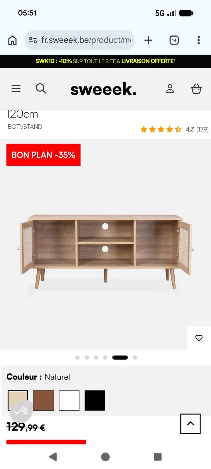 Meuble TV scandinave cannage 2 portes 120cm, Enlèvement