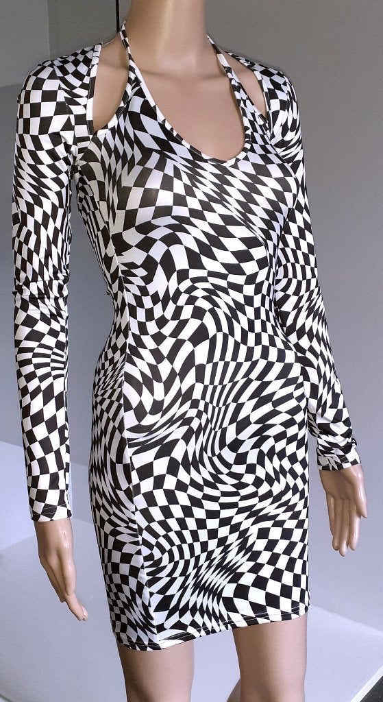 Mini jurk zwart wit geometrisch patroon met open rug H&M XS, Kleding | Dames, Wit, Nieuw, Ophalen of Verzenden, Maat 34 (XS) of kleiner