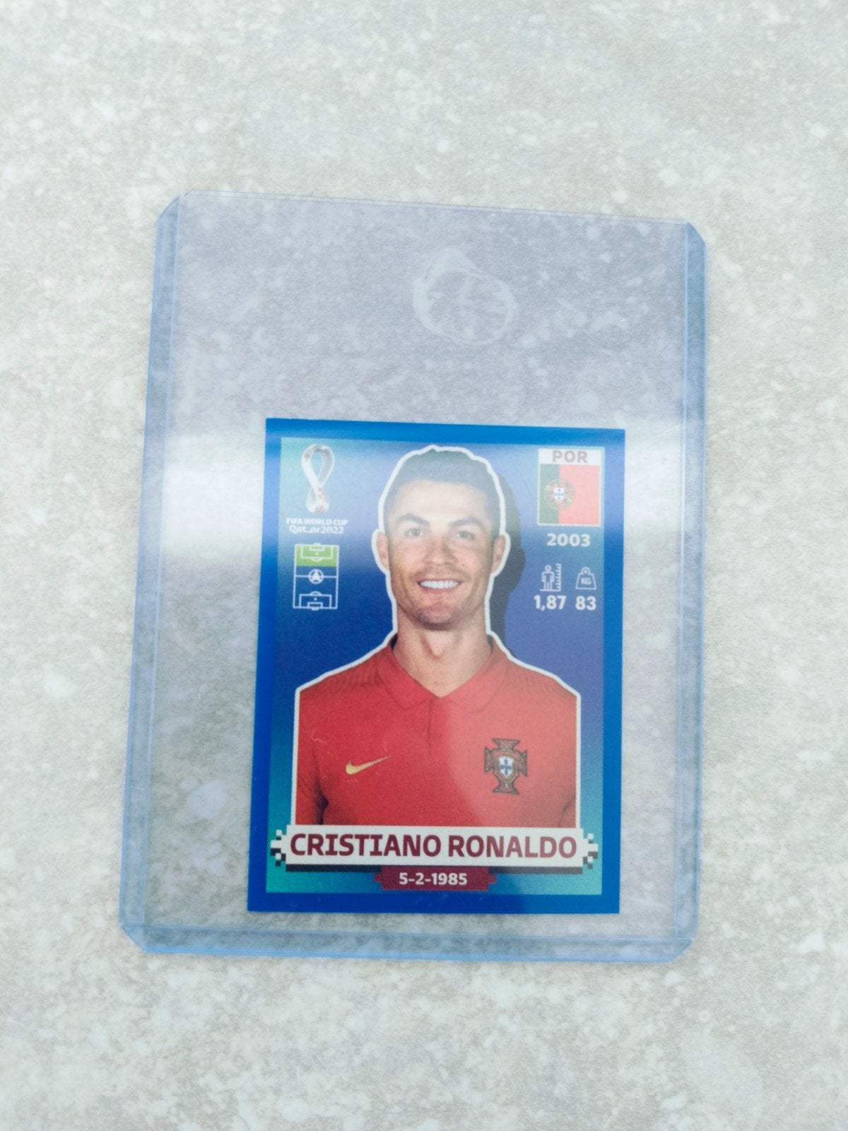 Panini sticker WK Qatar USA edition Ronaldo blauwe rand, Enlèvement ou Envoi, Autocollant