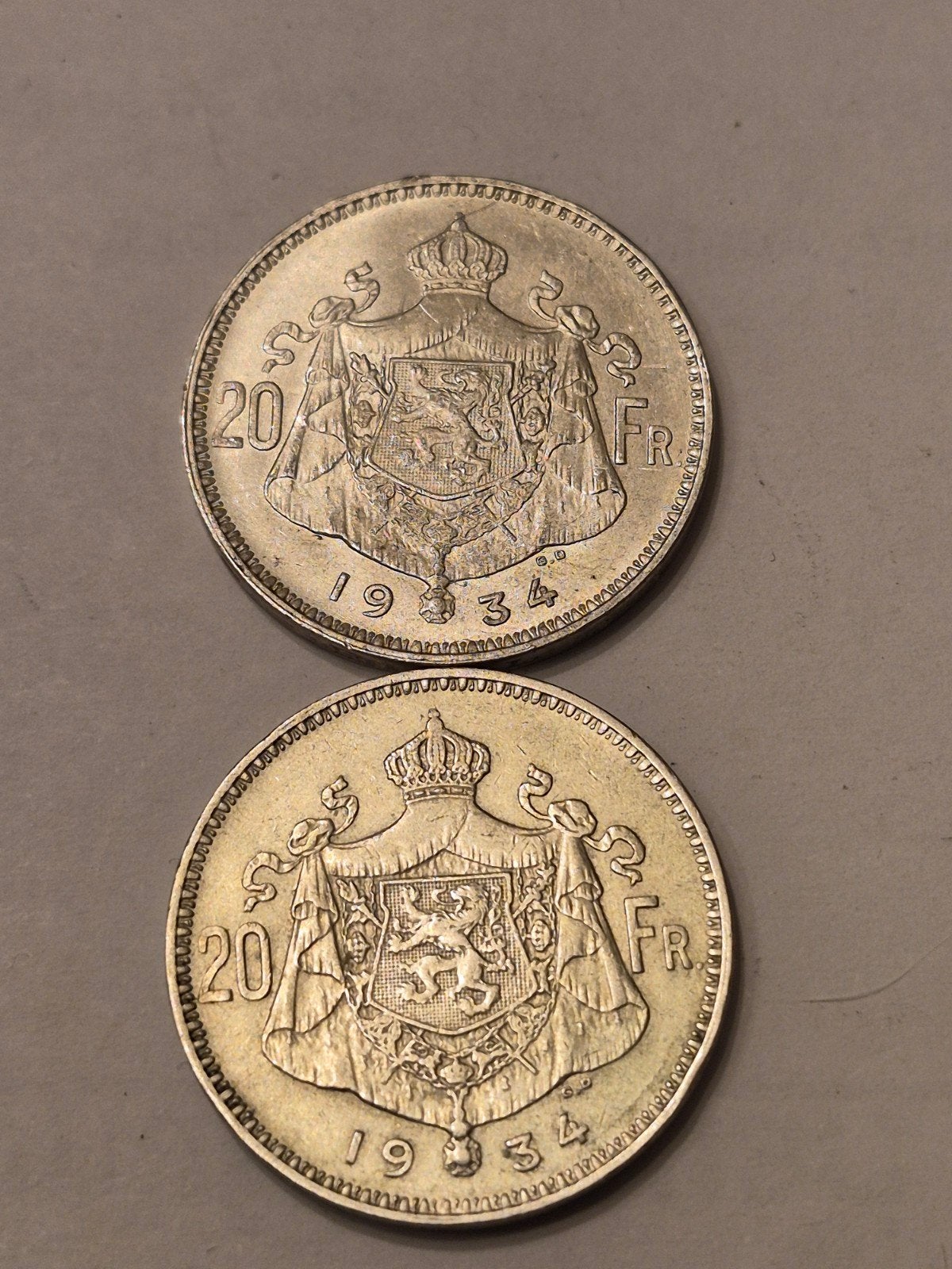 Twee zilverstukken 20 frank Albert 1 van 1934 vl pos: a, Setje, Zilver, Ophalen of Verzenden, Zilver