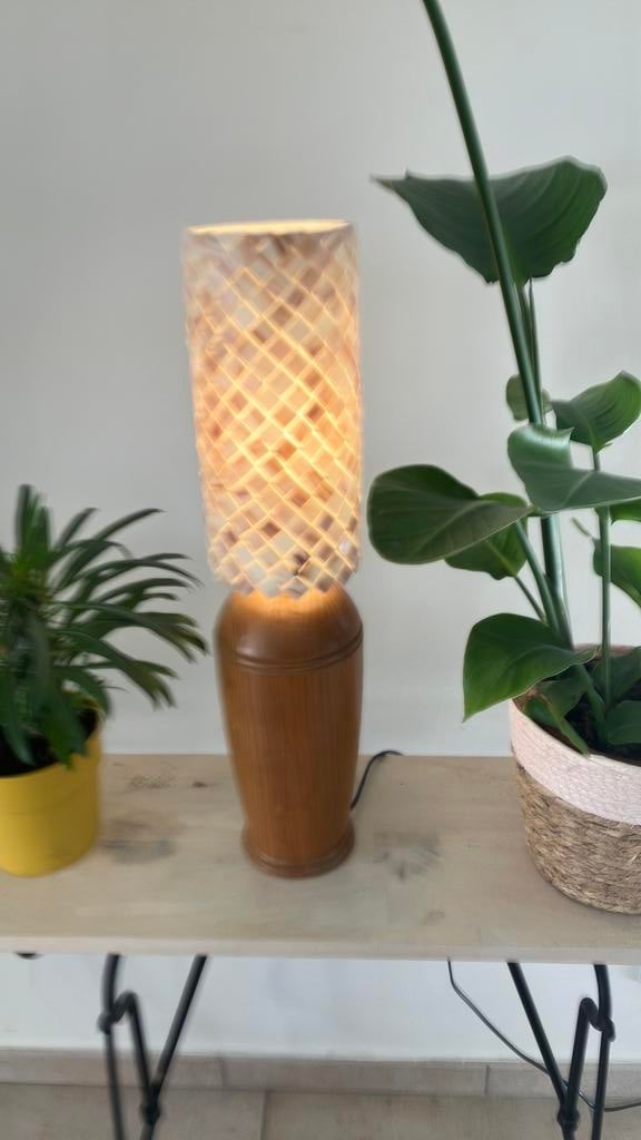 Houten tafellamp met mozaïeken lamp, Huis en Inrichting, Lampen | Tafellampen, Ophalen, Gebruikt, Overige materialen, Vintage