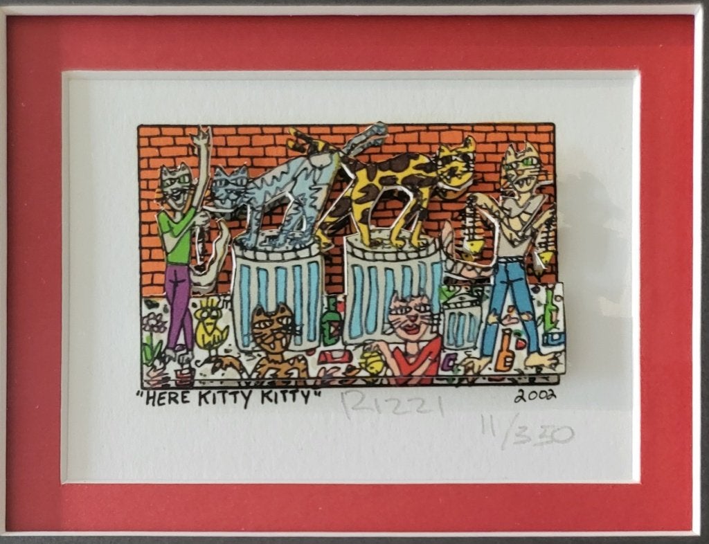 James Rizzi - "Here kitty kitty" - 2002, Antiquités & Art, Art | Lithographies & Sérigraphies, Encadré, Envoi