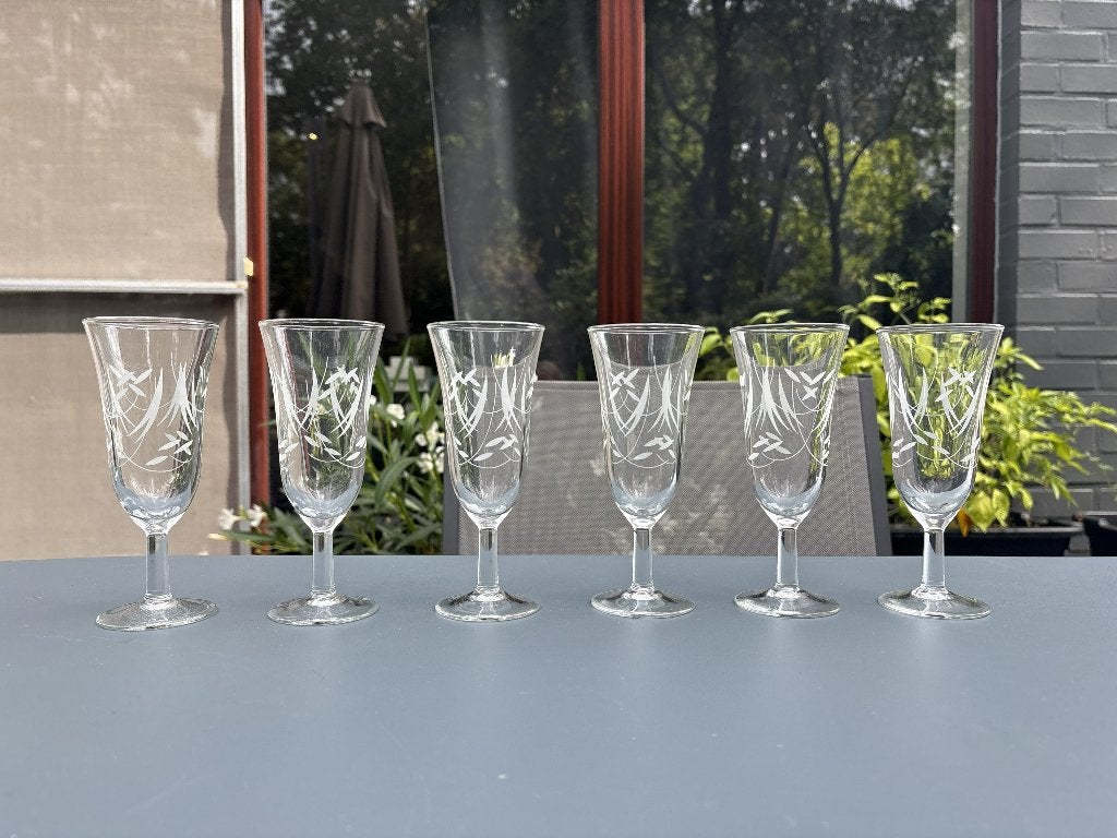 Set van 6 Vintage Geëtste Champagneglazen / Flûtes, Antiek en Kunst, Ophalen of Verzenden
