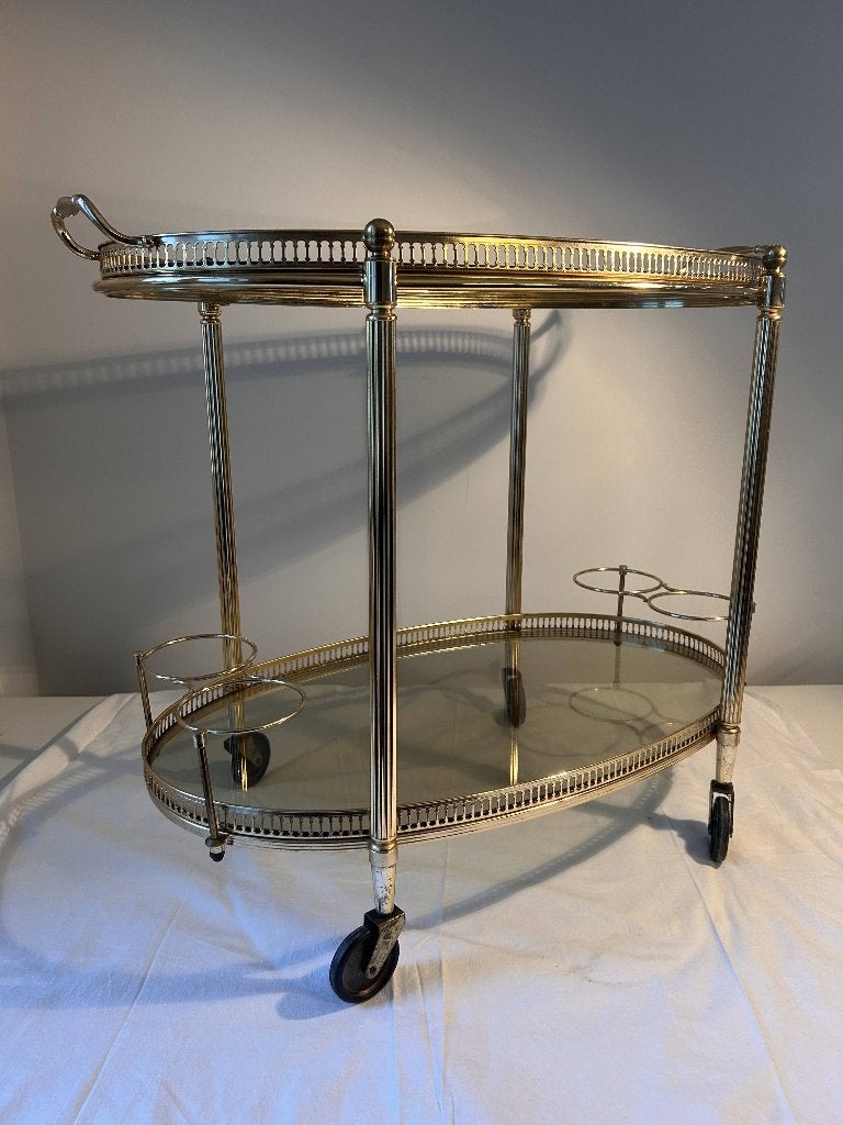 Desserte / Chariot de bar vintage Laiton & Verre fumé, Enlèvement ou Envoi