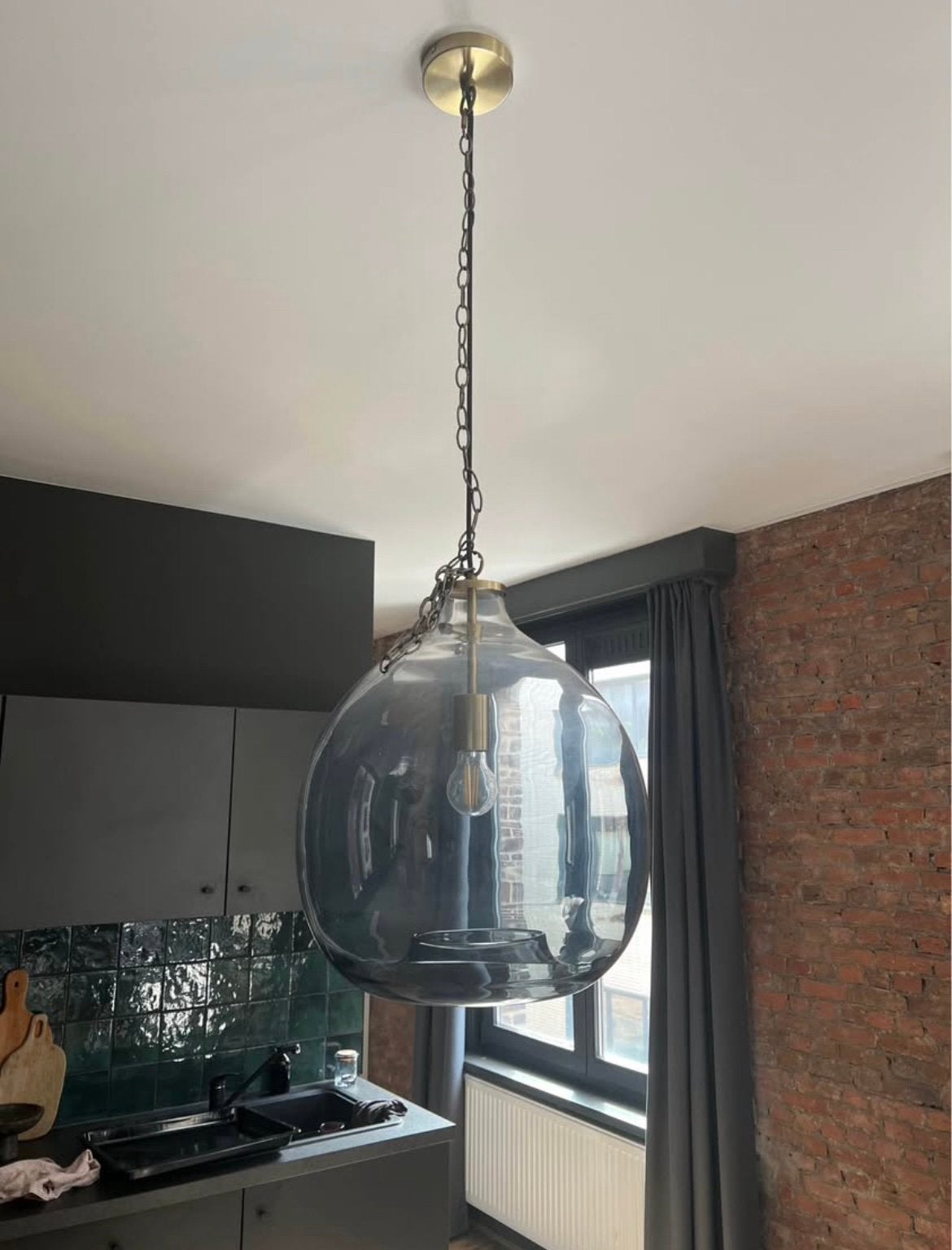 Glazen plafondlamp, Huis en Inrichting, Lampen | Hanglampen, Ophalen, E27 (groot), Zo goed als nieuw, Glas