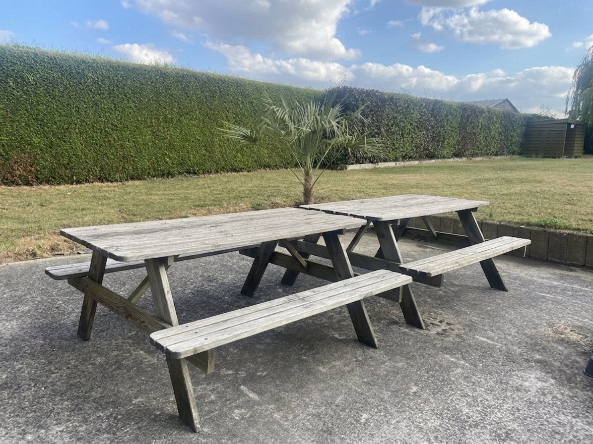 2 tables et banc en bois, Jardin & Terrasse, Enlèvement, Utilisé, Rectangulaire, Bois