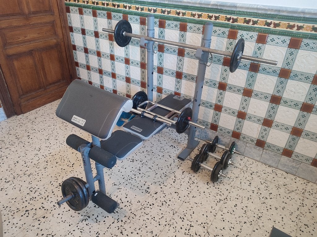Banc musculation, barres et poids., Enlèvement, Utilisé, Bras, Set d’haltères