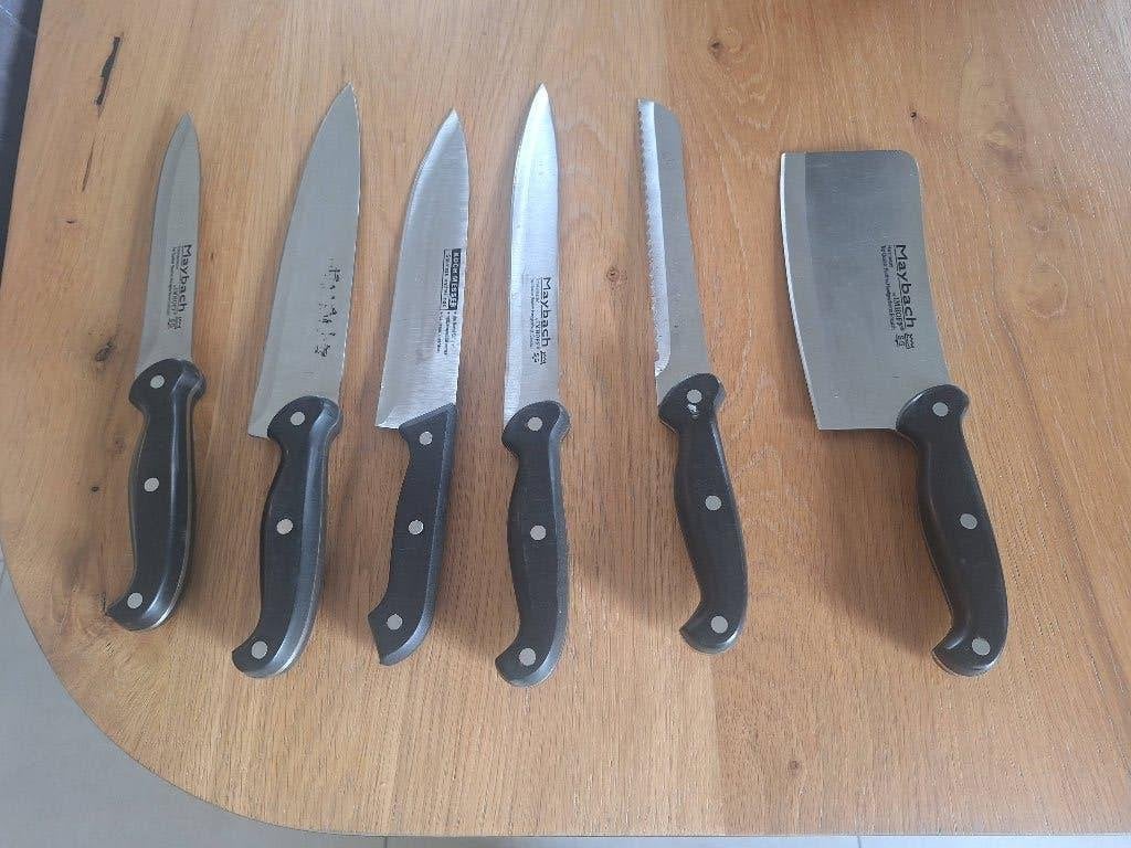 Lot de couteaux + 2 fuseaux aiguiseur, Enlèvement ou Envoi, Utilisé, Autres marques, Autres matériaux